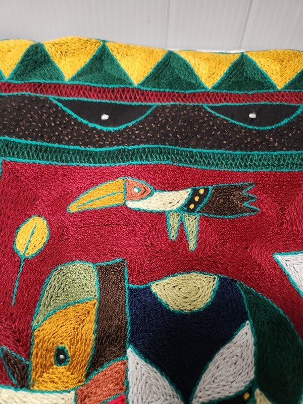 Hand Embroidered Kaross South African Pillow Cover Elephant Toucan Artist Signed gallery