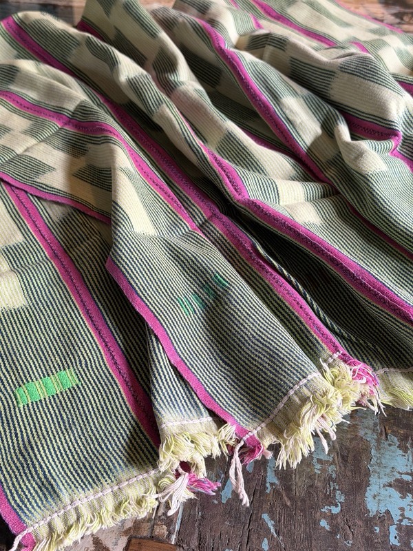 Vintage African Indigo + Lime + Pink Stripes Baule Mudcloth 55”L x 42”W | No. 74