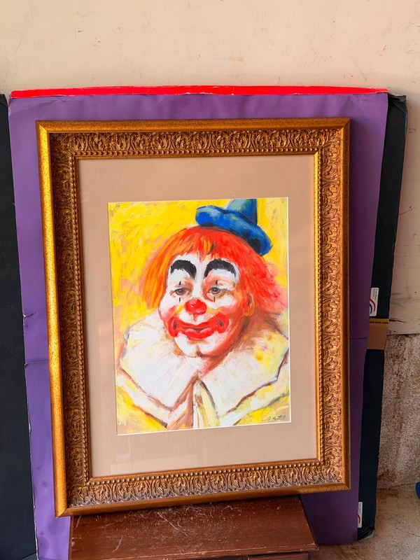 Vintage Framed Clown Painting Signed J. Martel | Mid-Century Folk Art 29×23