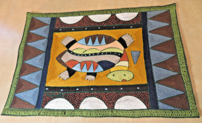 African Hand Made Art Embroidered Placemat Tapestry Place Mat, Signed, 17″ x 12″