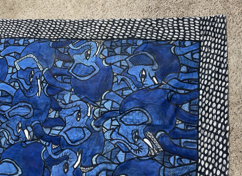 African Nigerian Batik Folk Art Hand Painted Textile Wall Hanging Blue Elephants gallery