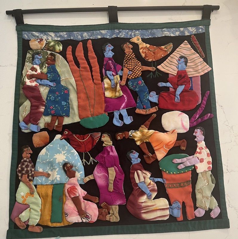 Weya African Quilt Village Life Zimbabwe. One Of A Kind! Wall Hanging With Rod.