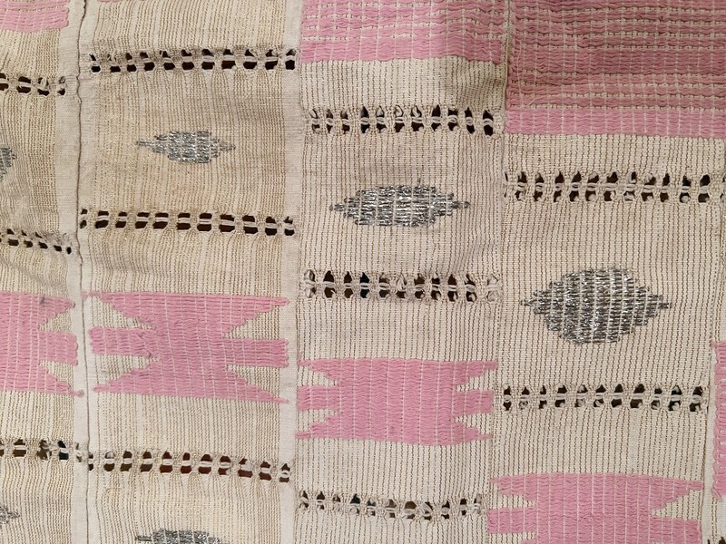 Nigerian Yoruban Aso Oke Cream/Offwhite Pink Gold Silver Fabric 49” W x 81” H gallery