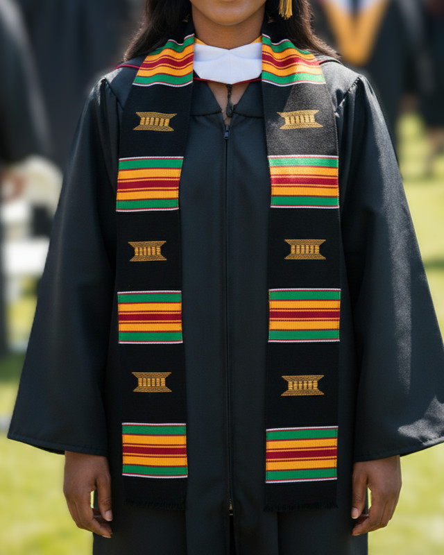 Black Kente Stole with Gold/Red/Green Stripes and Gold Stools, Graduation Sash gallery