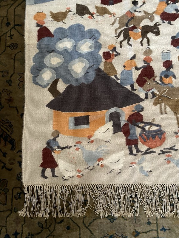 African Mohair Wall Tapestry~Lesotho~ Village Life~Handwoven~1970’s~EUC~54”x38” gallery