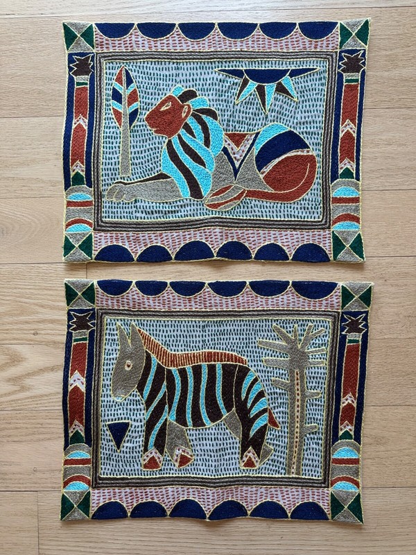 2 Kaross South African Art Lion & Zebra Embroidered Placemat Safari Tapestry NEW
