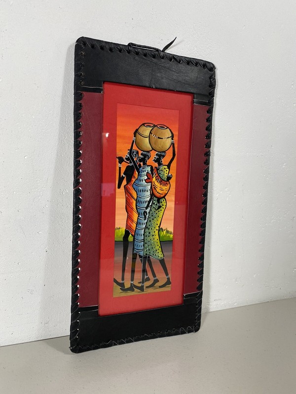 Vintage Africa Kenya Tribal Hand Painted Leather Bound Frame Women gallery