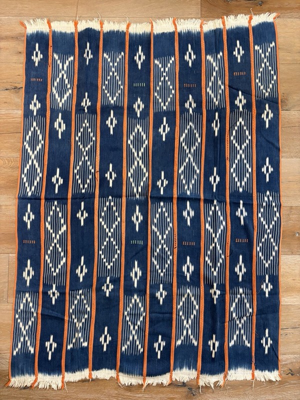 Vintage African Indigo Baule Fabric Orange Stripes Mudcloth 55”L x 41”W (2)463 gallery