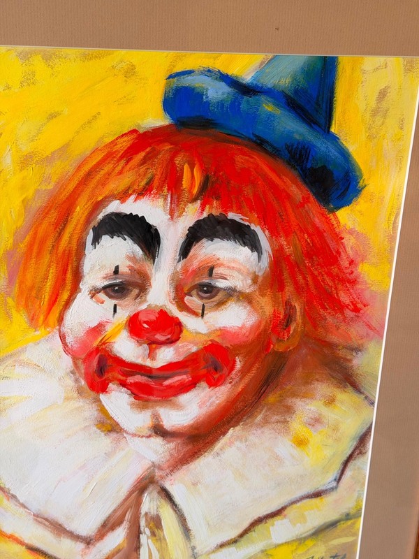 Vintage Framed Clown Painting Signed J. Martel | Mid-Century Folk Art 29x23 gallery