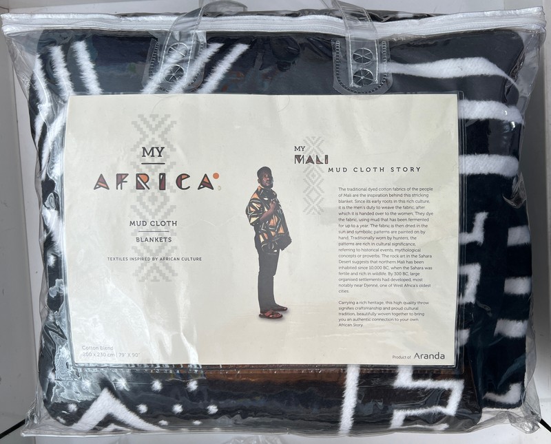 Aranda African Mud Cloth Blanket Black White Cotton Suede 79”x90” Reversible gallery