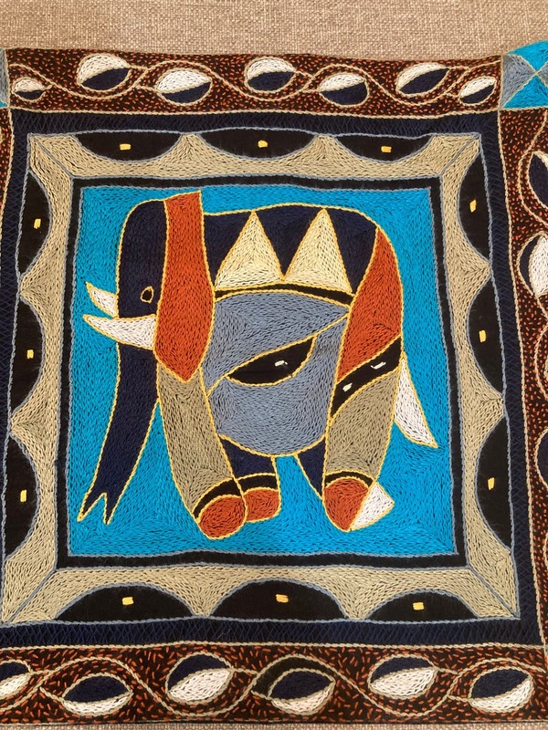 Vintage S African Kaross Embroidered Elephant Pillow Cover Signed Betsy 18"x17" gallery