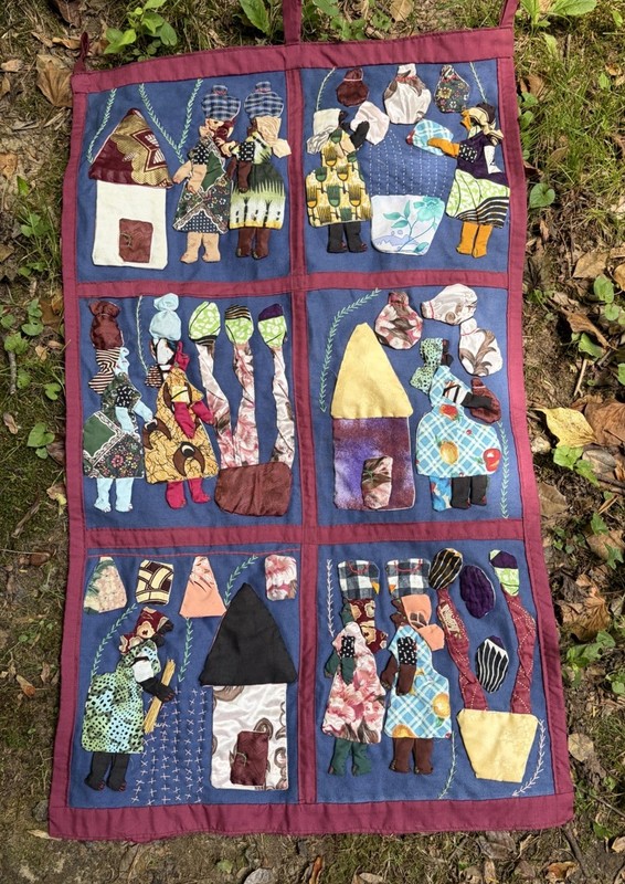 WEYA Four Panel Story Quilt Village Life Zimbabwe / Africa Tapestry Wall Art Vtg