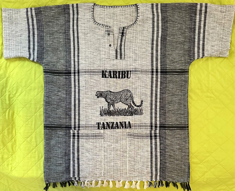 LEOPARD Kikoi Karibu Tanzania East Africa Grey and Black Tassels T-Shirt UNWORN