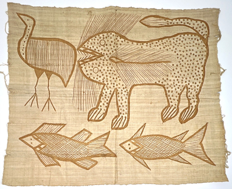 VTG African Korhogo Senufo Cotton Mud Cloth Animals Bird Fish Leopard 27×31″