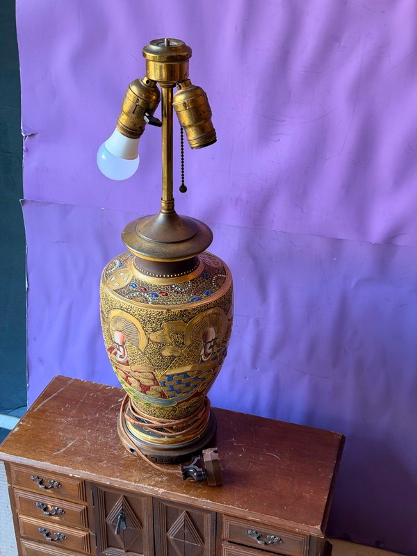 Vintage Japanese Satsuma Vase Lamp Gold Moriage Double Socket Asian Decor 21" gallery