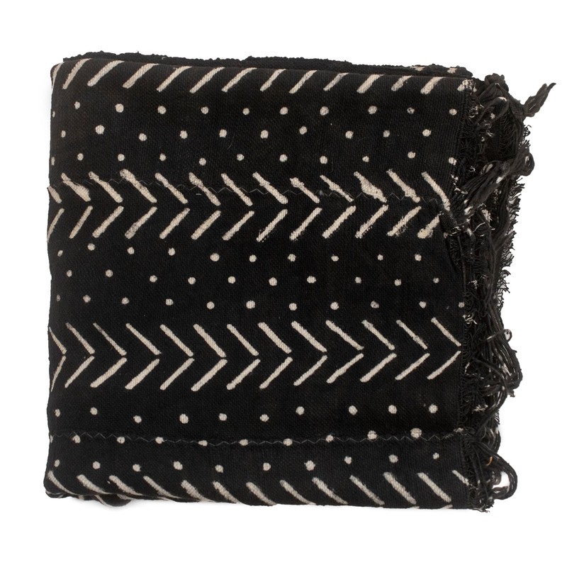 Ebony Black Bogolan Mali Mud Cloth Dotted Arrow Design African Black and White