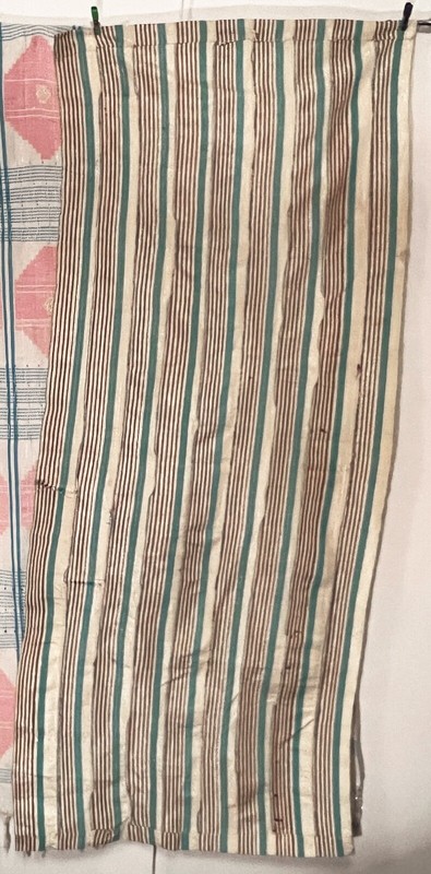 Nigerian Yoruban Aso Oke Cream Cyan Brown Silver Striped Textile 30” W x 71” H gallery