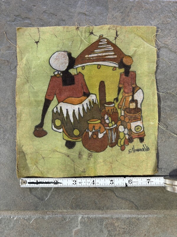 Vtg African Ethnic Batik Fabric Cloth Art Wall Decor Women Market Signed 7.5x8 gallery