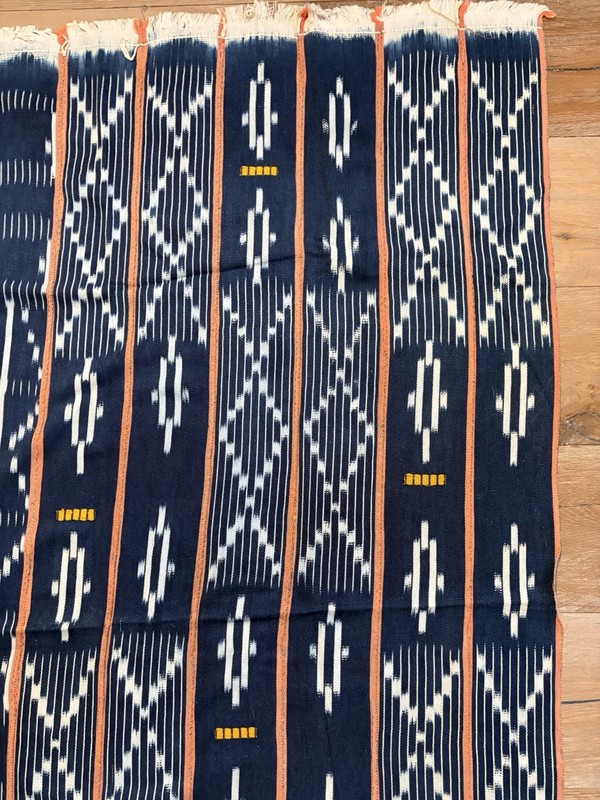 Vintage African Indigo Baule Fabric Orange Stripes Mudcloth 58”L x 40”W - #375 gallery