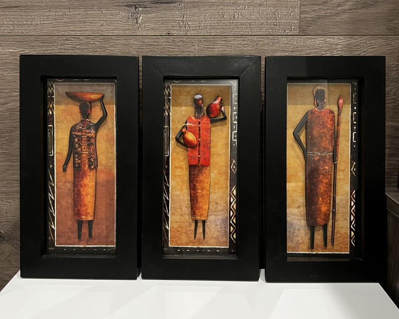 Set Of 3 African Native People 3D Inset Wooden Frame Wall Decor 5”X1.25”X9.75”