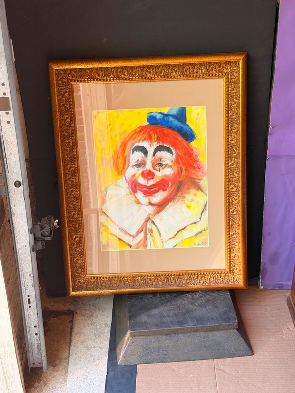 Vintage Framed Clown Painting Signed J. Martel | Mid-Century Folk Art 29x23 gallery