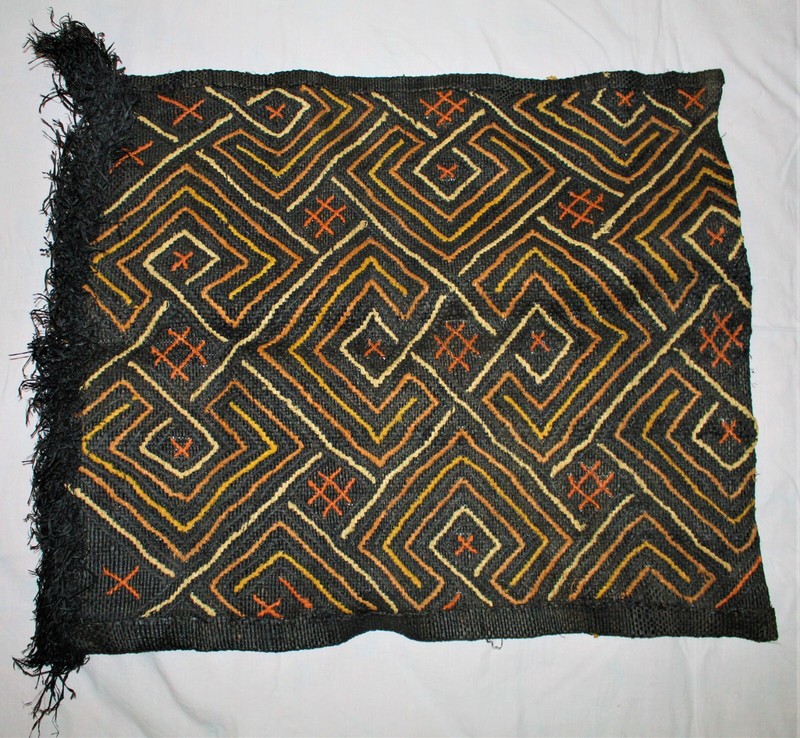 Handwoven Tribal Bakuba Mudcloth Tapestry, Black with Geometric Pattern,