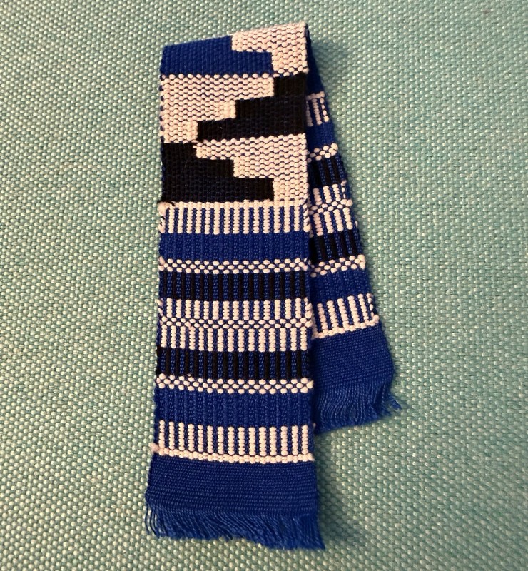 Kente Cloth Textile Bookmark Hand Woven in Ghana 9x1.5” Blue, White, Black gallery