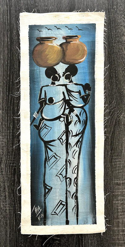 Batik African Art Women Carry Clay Pots of Water Canvas Malawi 25 3/4″ x 9 3/4″