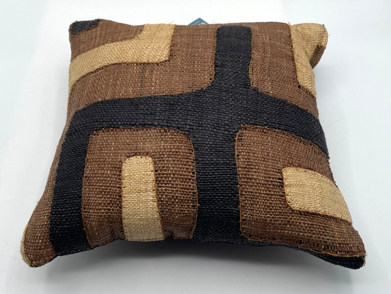 NWT Mini Kuba Cloth Raffia Accent Pillow 10x10" African Handmade Brown Black gallery