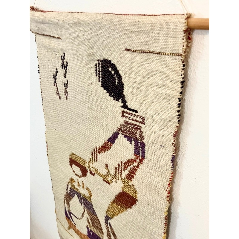 Vintage African Woven Tapestry Woman Cooking Fringe Wool Wall Hanging 39 In gallery