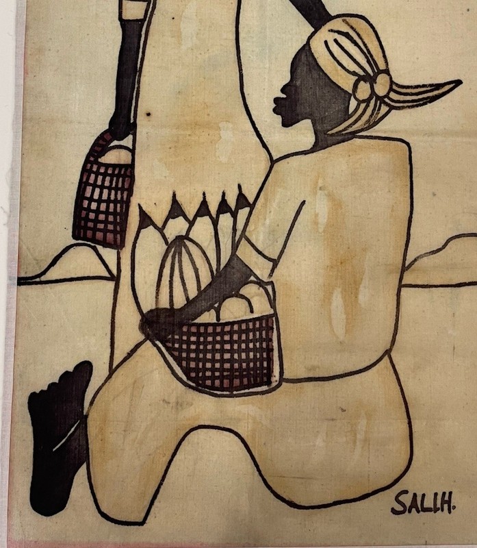 Vtg SIGNED Tribal Hand Painted Mud Cloth 24" X 15" Women Art Fabric Painting gallery