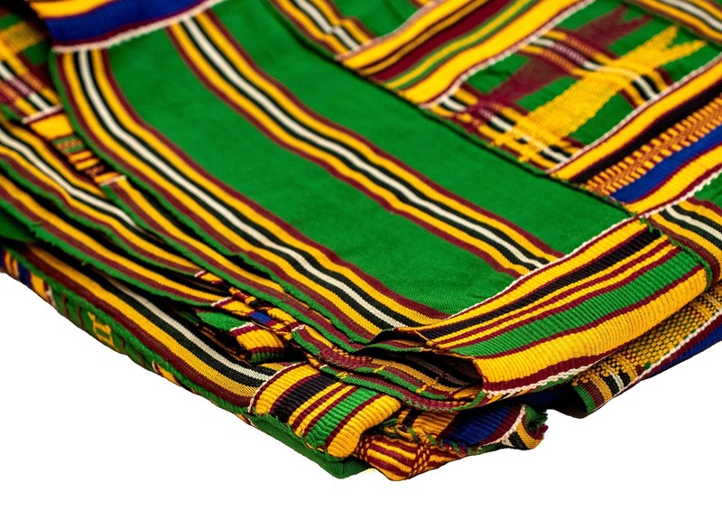 African Ashanti Kente Cloth Green Tones Ghana Multicolor Cotton Handmade