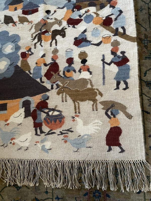 African Mohair Wall Tapestry~Lesotho~ Village Life~Handwoven~1970’s~EUC~54”x38” gallery