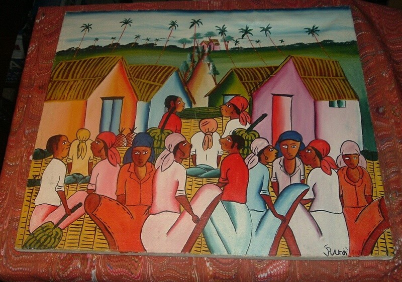 African art by Ramon (SIGNED): Village People. 19 x 16.5. Estate finds. G+