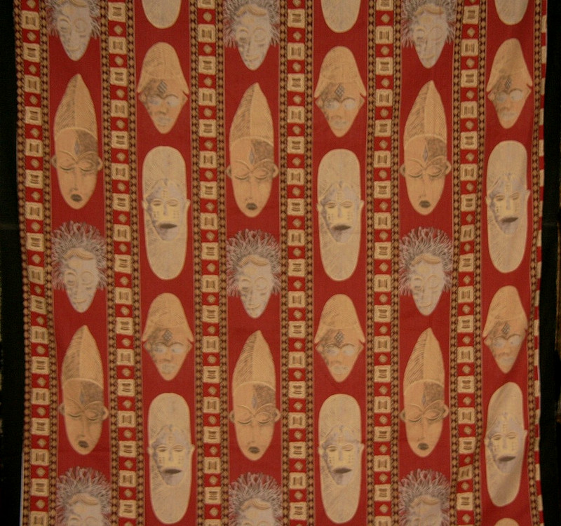 African Mask Screen Print Textile Zimbabwe Handmade VTG 60"X84" Cotton Fabric gallery