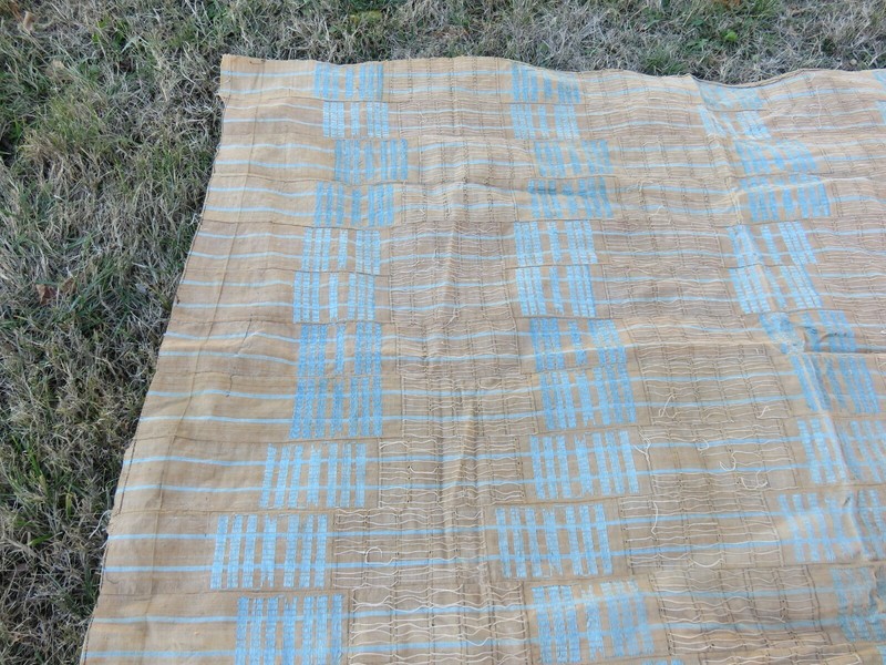 Old "Sanyan" Style "Aso-Oke" Strip-Woven Robe Nigeria Tan & Turq.Textile Yoruba gallery