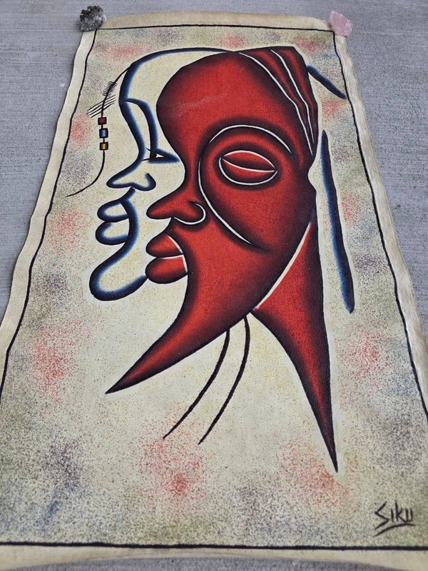 Vintage African Style Sand Art Textile Wall Hanging Signed “Siku” Abstract Faces gallery