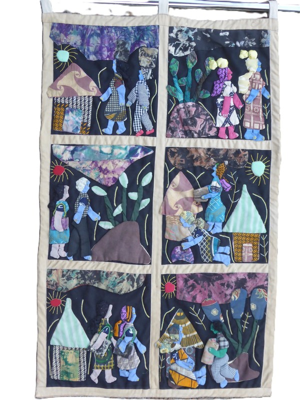 Weya 6 Panel Story Quilt Women Africa Village Life Wall Hanging 22x37