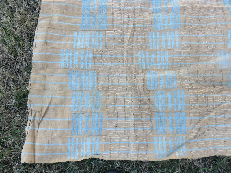 Old "Sanyan" Style "Aso-Oke" Strip-Woven Robe Nigeria Tan & Turq.Textile Yoruba gallery