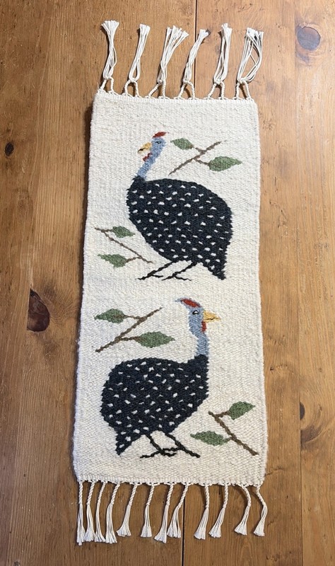 Vintage African Wool Mohair Handwoven Wall Hanging Table Runner Guinea Fowl EUC gallery