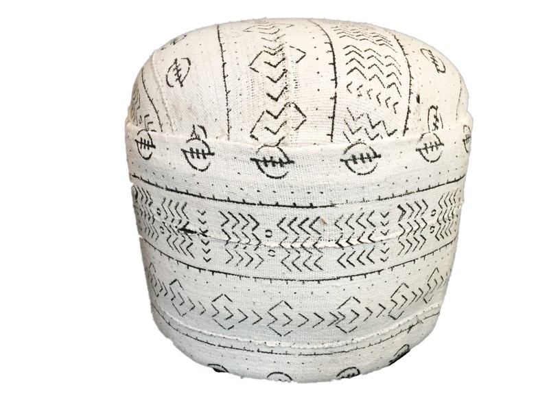 # 643 LG Ottoman in African Malian White & Black Mud Cloth Textile 17.5″ h