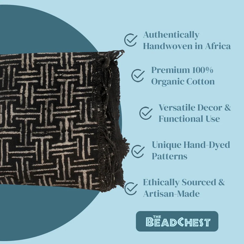 Ebony Black Bogolan Mali Mud Cloth Maze Design African Black and White Cotton gallery