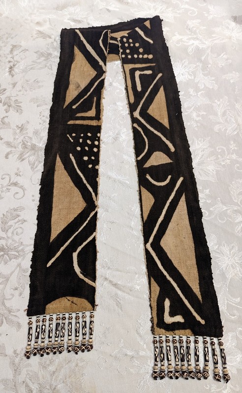 African Mud Cloth with Batik Bone Beads 34 x 5 Inches Vintage