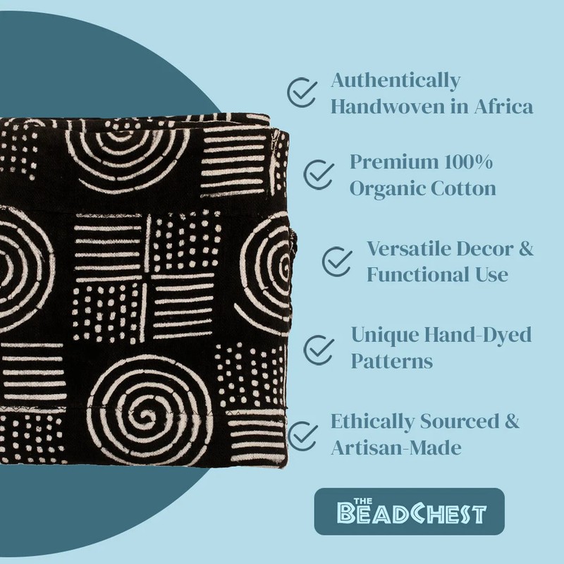 Ebony Black Bogolan Mali Mud Cloth Spiral Design African Black and White Cotton gallery