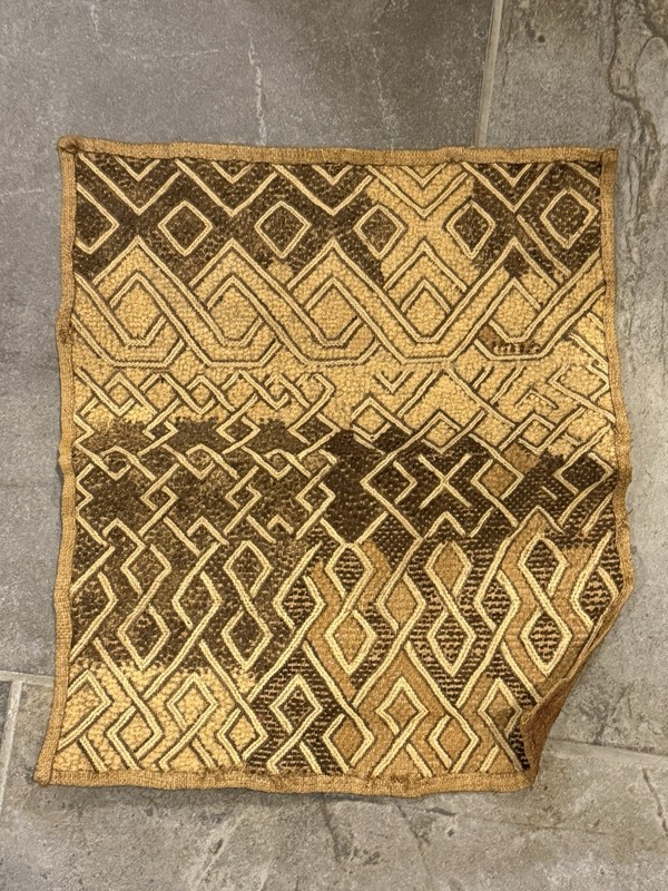 Antique African Kuba Cloth Panel Geometric Raffia Textile 14×16” Zaire