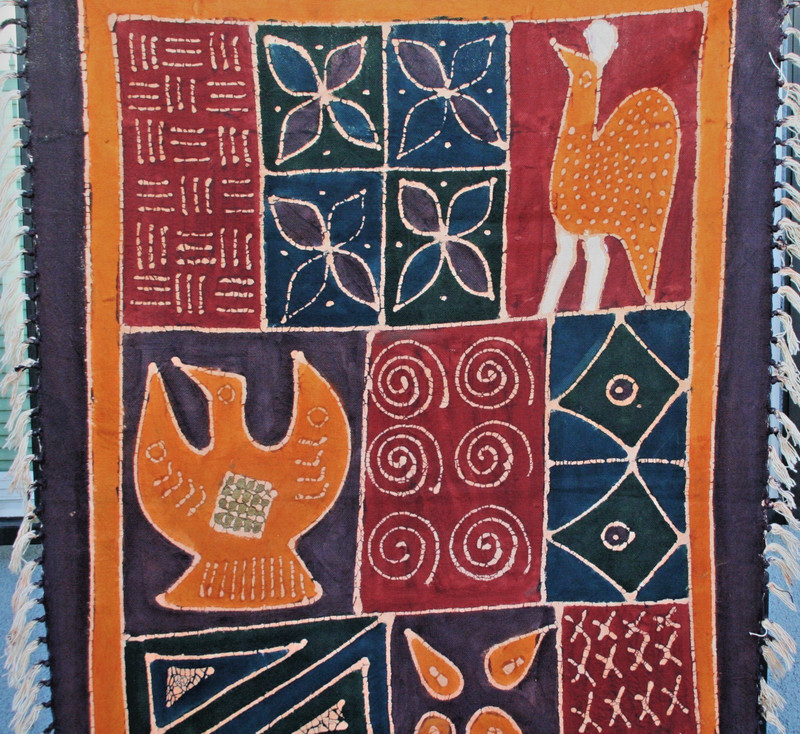 Batik Tapestry Zimbabwe Art African Sadza Fabric Backweave With Fringe 42X53 VTG gallery