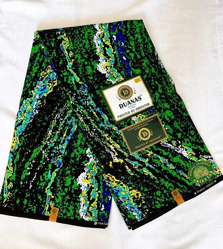Premium Cotton Kitenge – Abstract Patterns in Green, Blue, Yellow, and White on