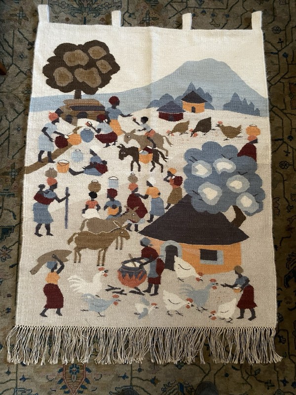 African Mohair Wall Tapestry~Lesotho~ Village Life~Handwoven~1970’s~EUC~54”x38”