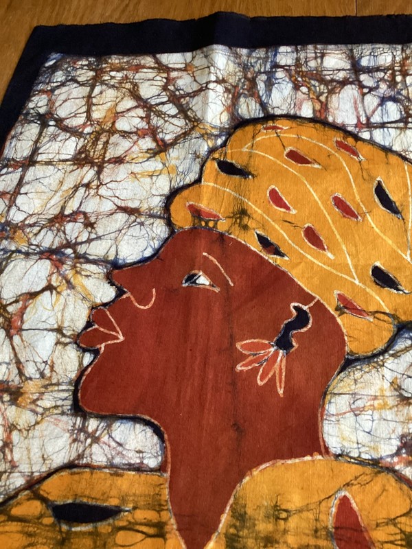 AFRICAN BATIK WALL HANGING 3 WOMEN COLORFUL NATIVE DRESS TEXTILE 32 x30" gallery