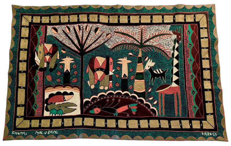 KAROSS South African Wildlife Hand Embroidered Wall Hanging 35″x23″ Signed